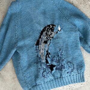 Vintage 60s Knit Cowichan Style Wool Sweater Blue Fish Zip-up Cardigan Rare